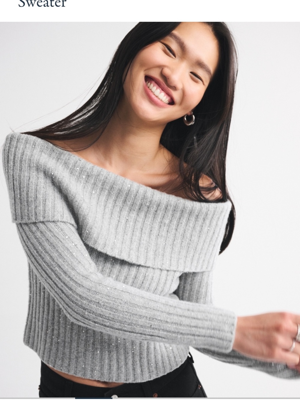 Abercrombie & Fitch Light Gray Off-the-Shoulder Ribbed Sweater